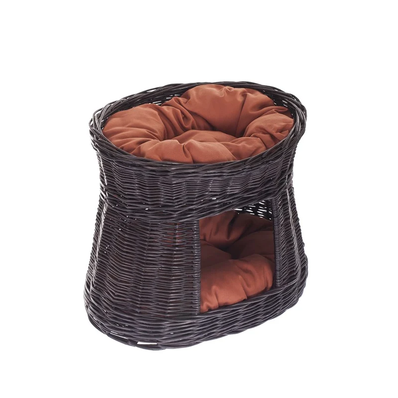 Erif wicker cat house with rust-colored cushions, two-level TheWickerStories