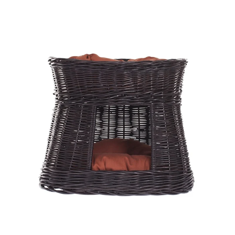 Erif wicker cat house with rust-colored cushions, two-level TheWickerStories