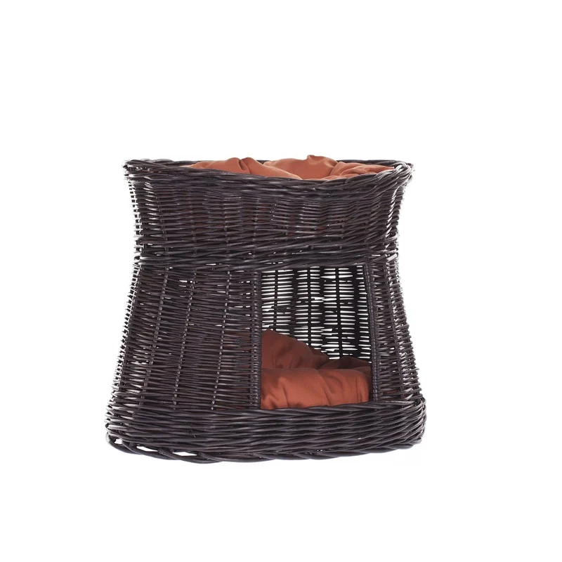 Erif wicker cat house with rust-colored cushions, two-level TheWickerStories