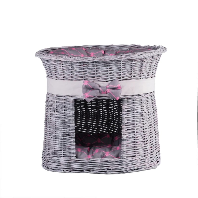 Erif wicker cat house with cushions, two-tier TheWickerStories