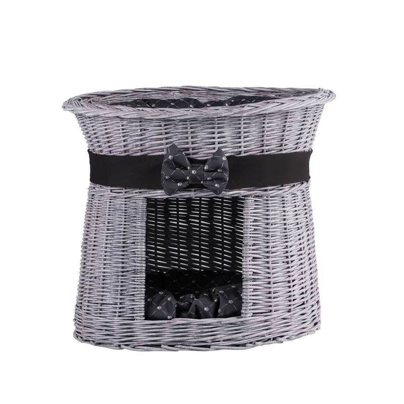 Erif wicker cat house, two-tier, with black trim and cushions TheWickerStories