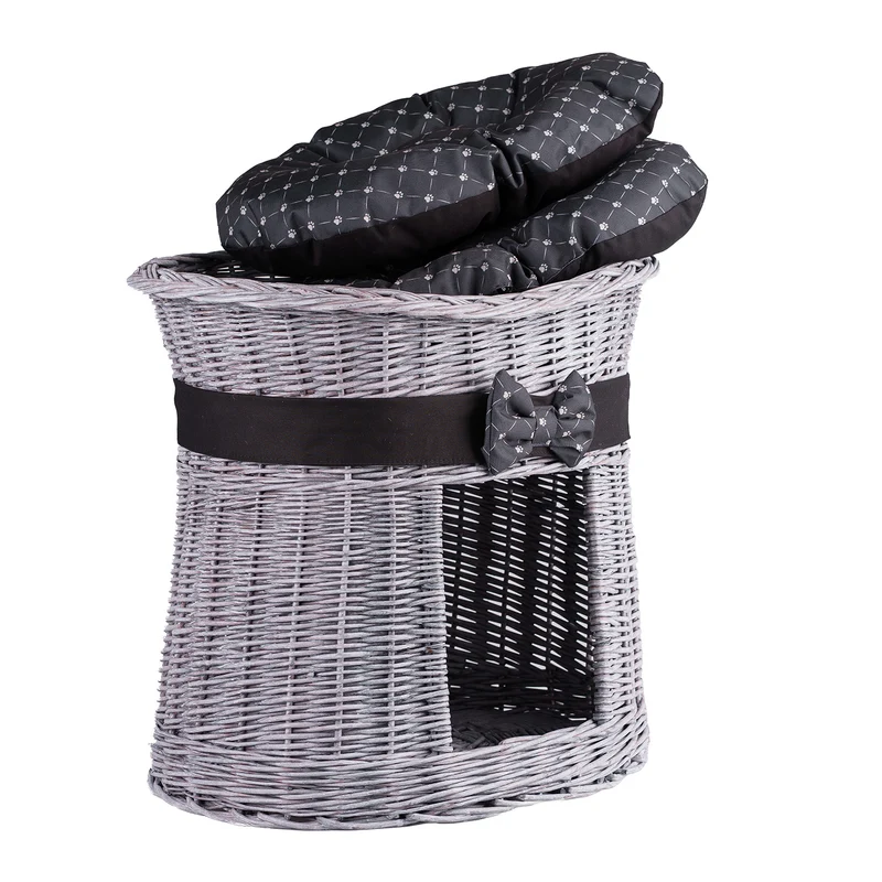Erif wicker cat house, two-tier, with black trim and cushions TheWickerStories