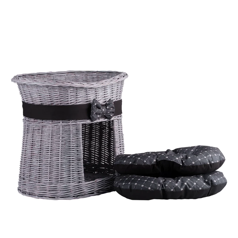 Erif wicker cat house, two-tier, with black trim and cushions TheWickerStories
