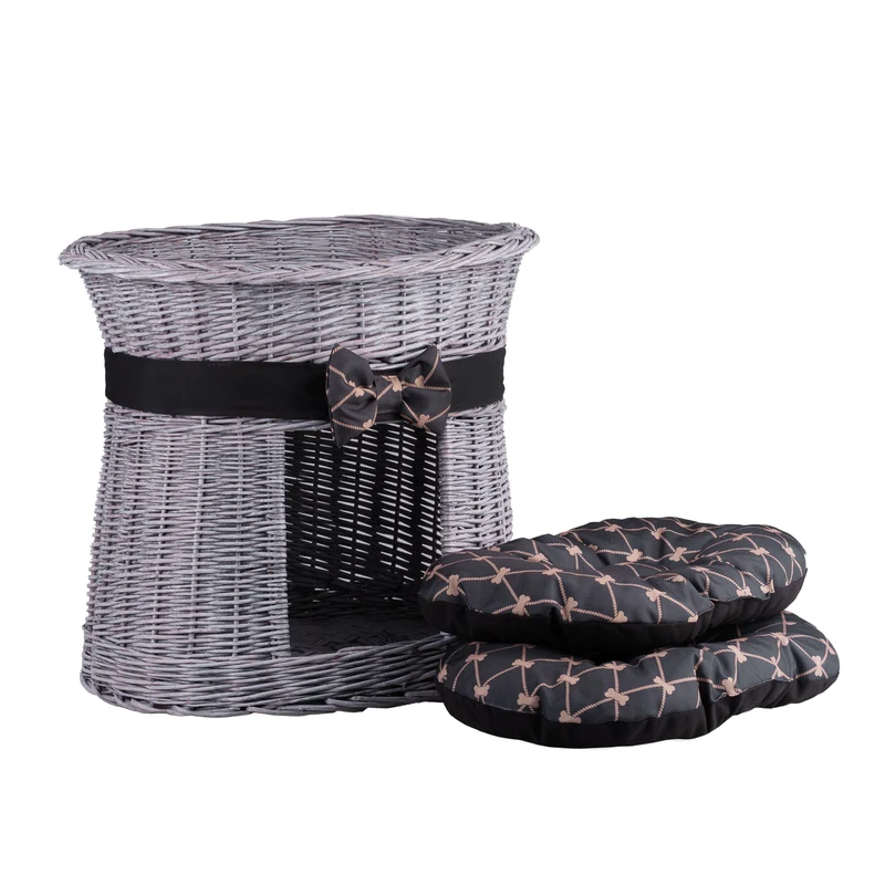 Erif wicker cat house with cushions, two-level TheWickerStories