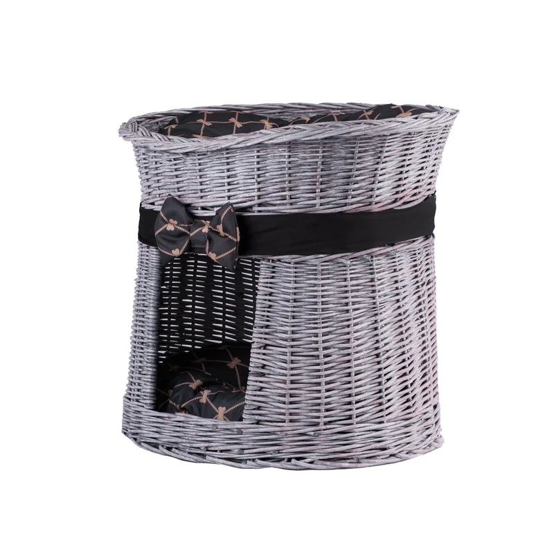 Erif wicker cat house with cushions, two-level TheWickerStories