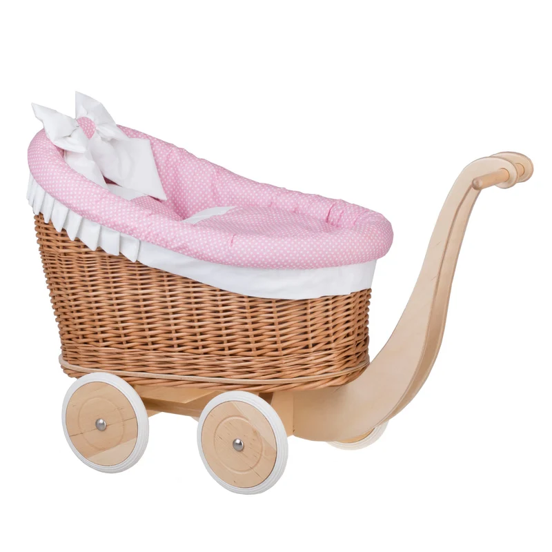 Luna wicker doll stroller with pink trim, blanket, and pillow TheWickerStories