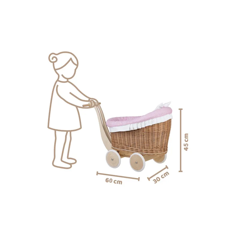 Luna wicker doll stroller with pink trim, blanket, and pillow TheWickerStories