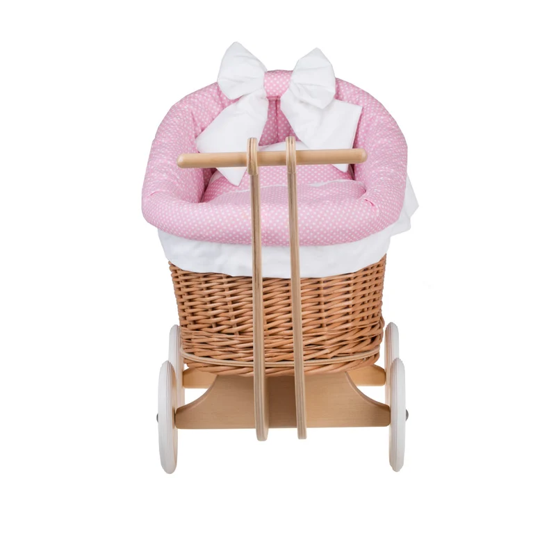 Luna wicker doll stroller with pink trim, blanket, and pillow TheWickerStories