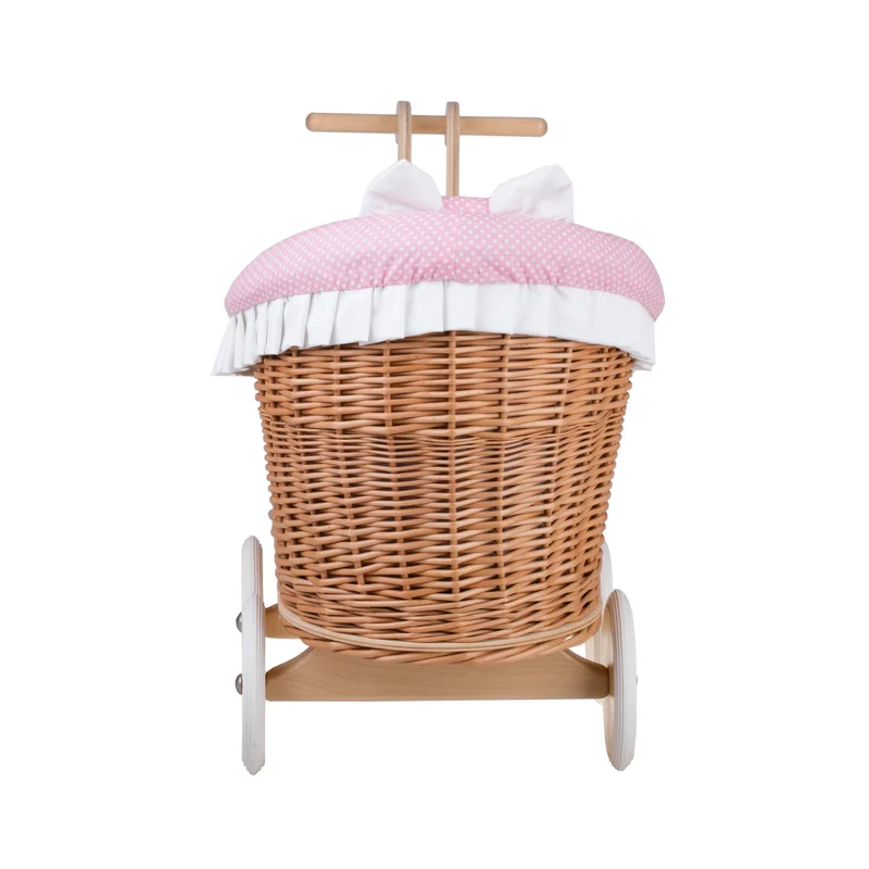 Luna wicker doll stroller with pink trim, blanket, and pillow TheWickerStories