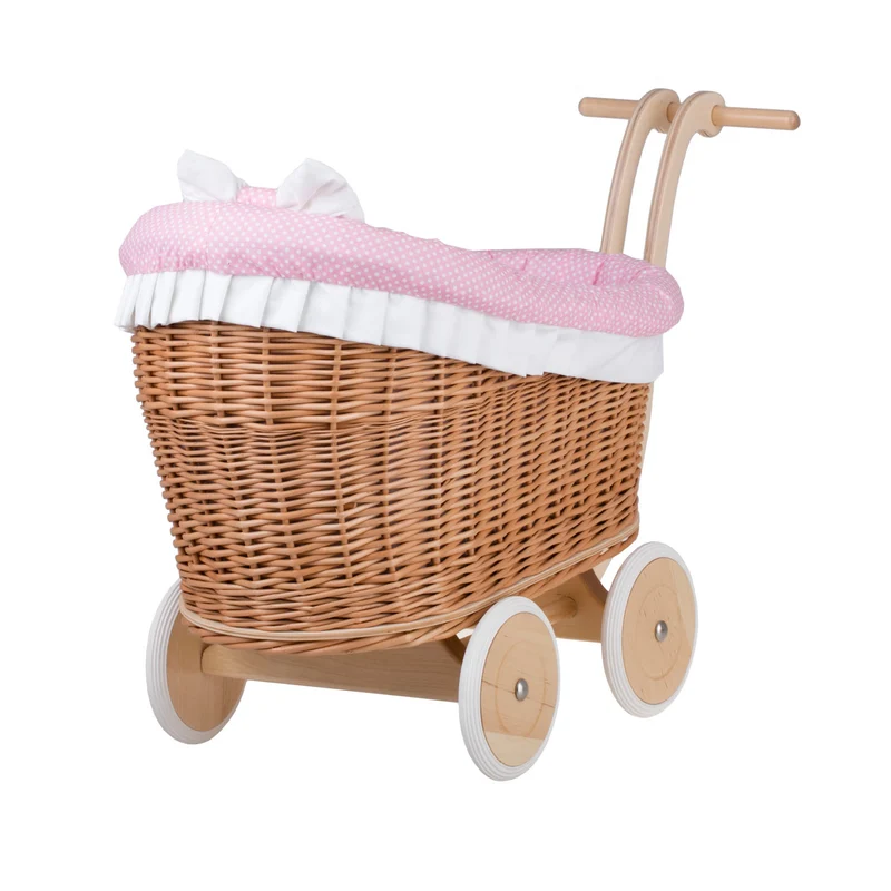 Luna wicker doll stroller with pink trim, blanket, and pillow TheWickerStories