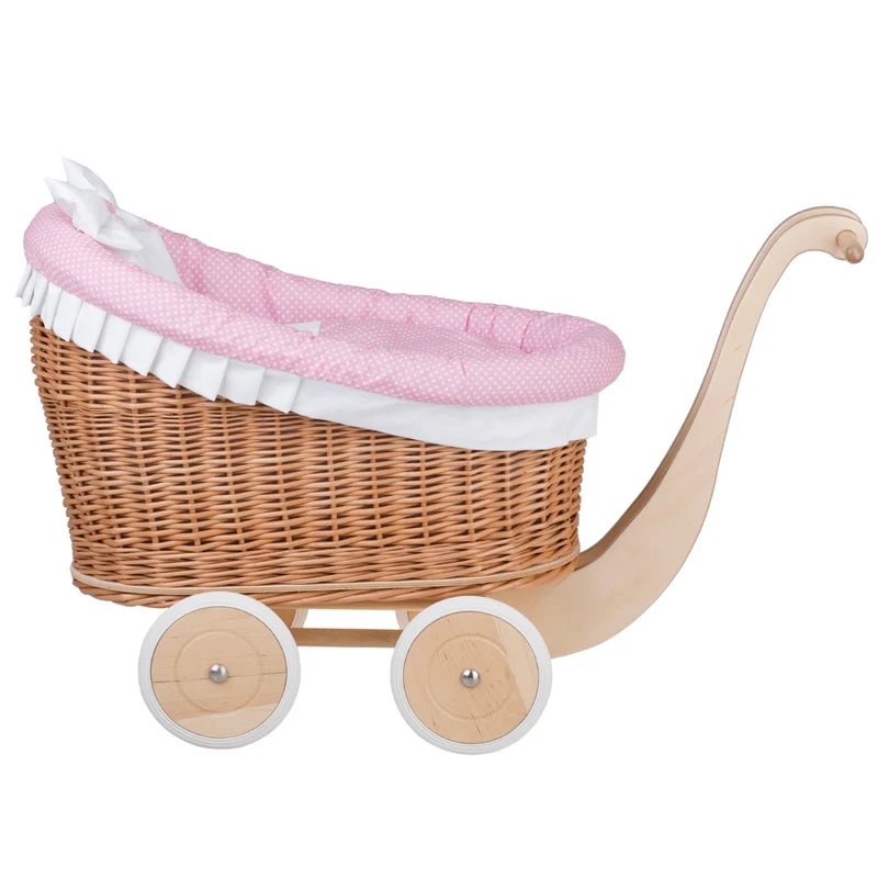 Luna wicker doll stroller with pink trim, blanket, and pillow TheWickerStories