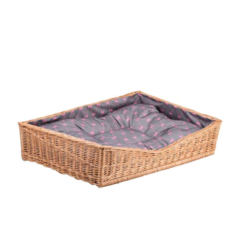 Eris wicker pet bed for dogs and cats with gray cushion and low entrance TheWickerStories