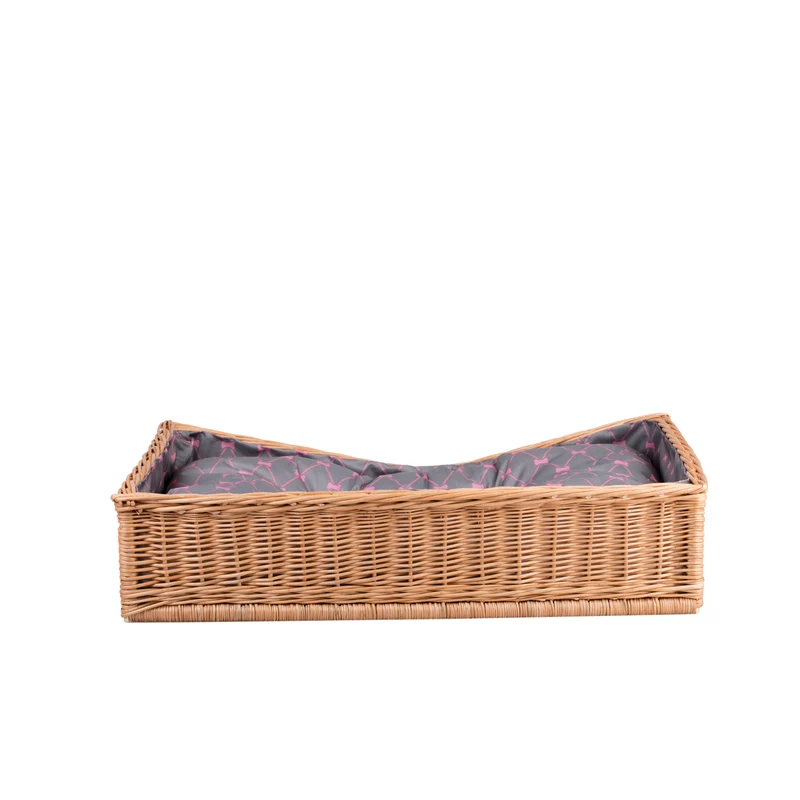 Eris wicker pet bed for dogs and cats with gray cushion and low entrance TheWickerStories
