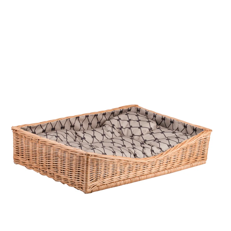 Eris wicker basket-bed for dogs and cats with beige trim, cushion and lowered entry TheWickerStories