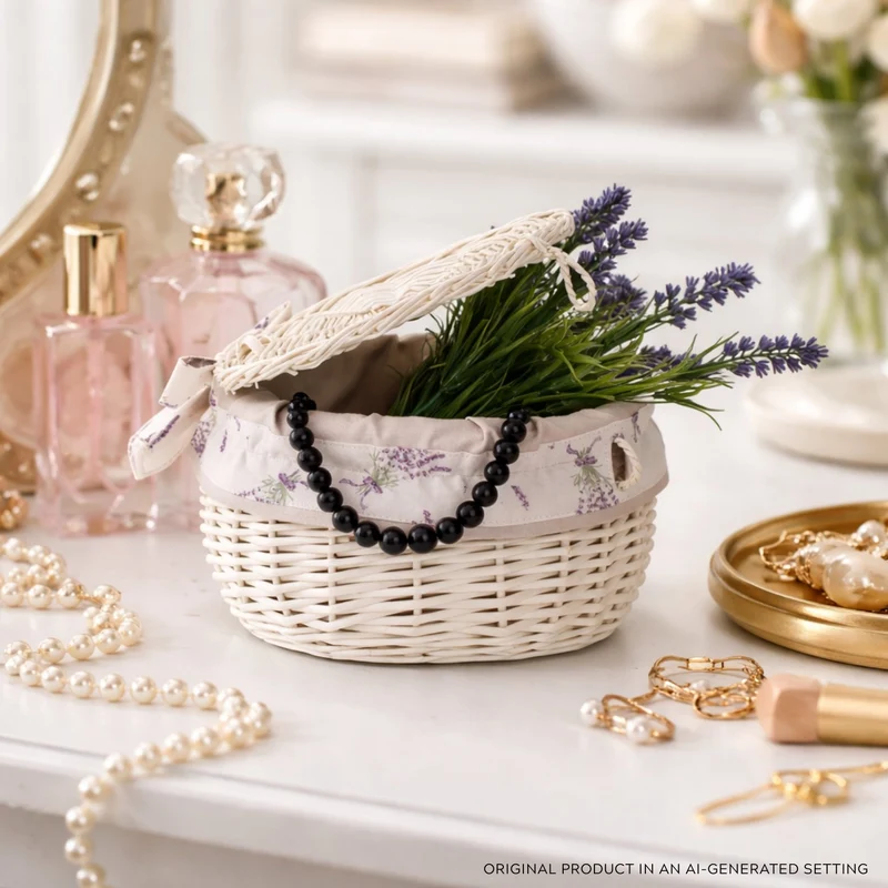 Zethina wicker storage basket, decorative container with lid and trim TheWickerStories