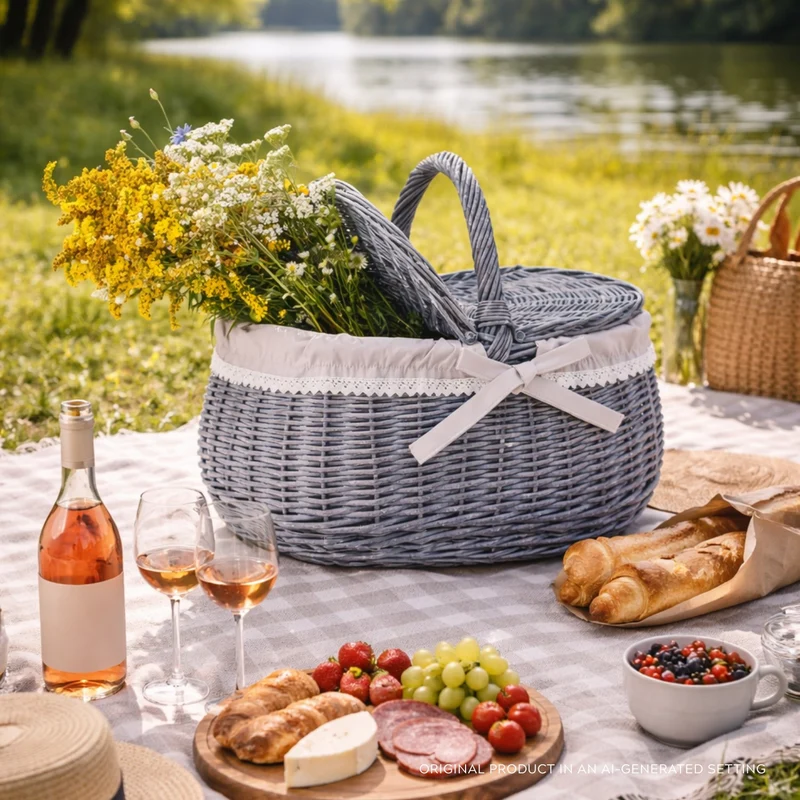 Kardia wicker picnic basket, shopping basket with lid and trim TheWickerStories