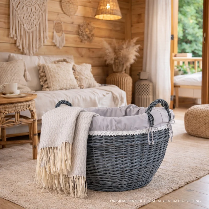 Viloria wicker laundry basket with gray lining TheWickerStories