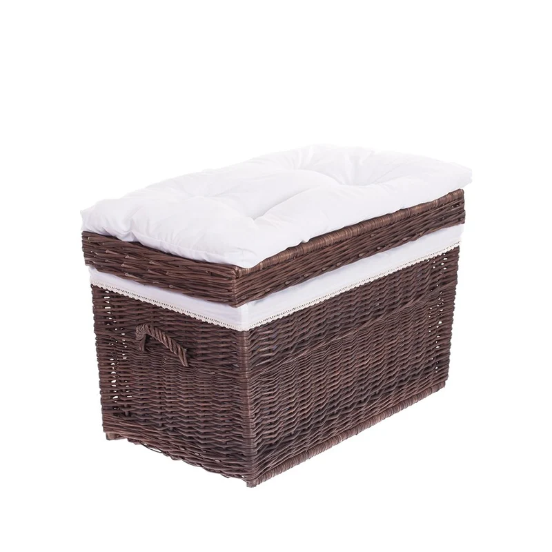 Kogia wicker basket with cream trim, cushion, handles, and lid TheWickerStories