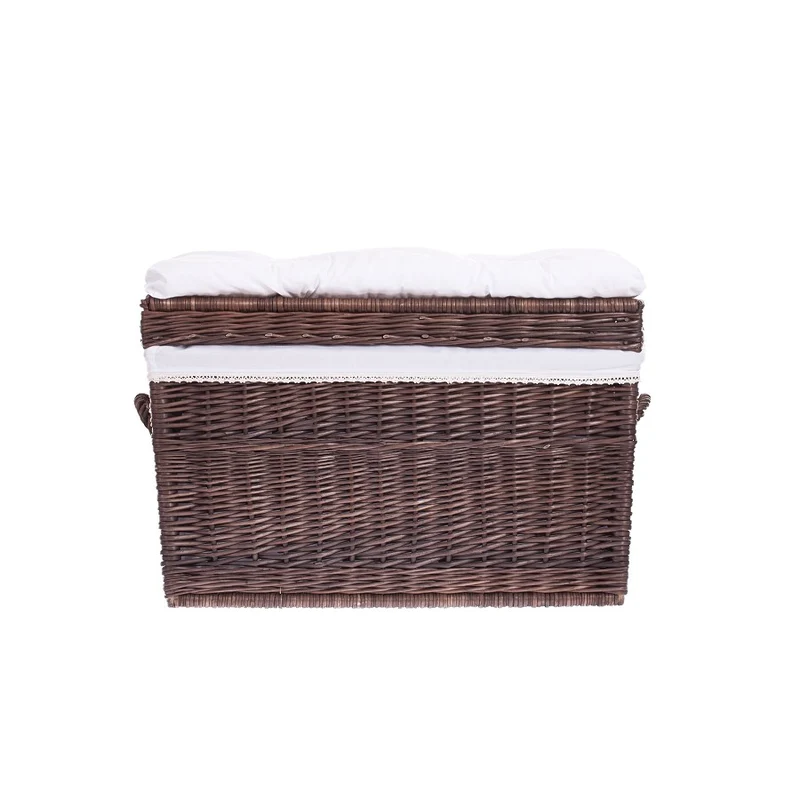 Kogia wicker basket with cream trim, cushion, handles, and lid TheWickerStories