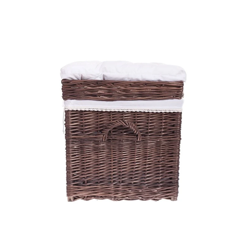 Kogia wicker basket with cream trim, cushion, handles, and lid TheWickerStories