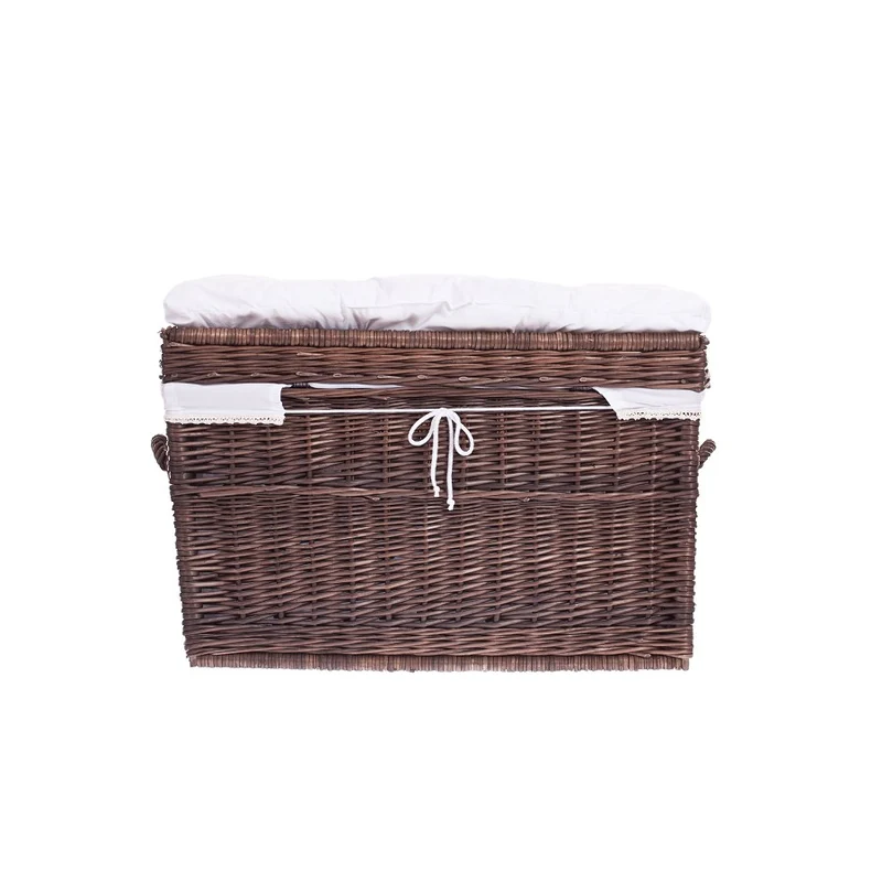Kogia wicker basket with cream trim, cushion, handles, and lid TheWickerStories