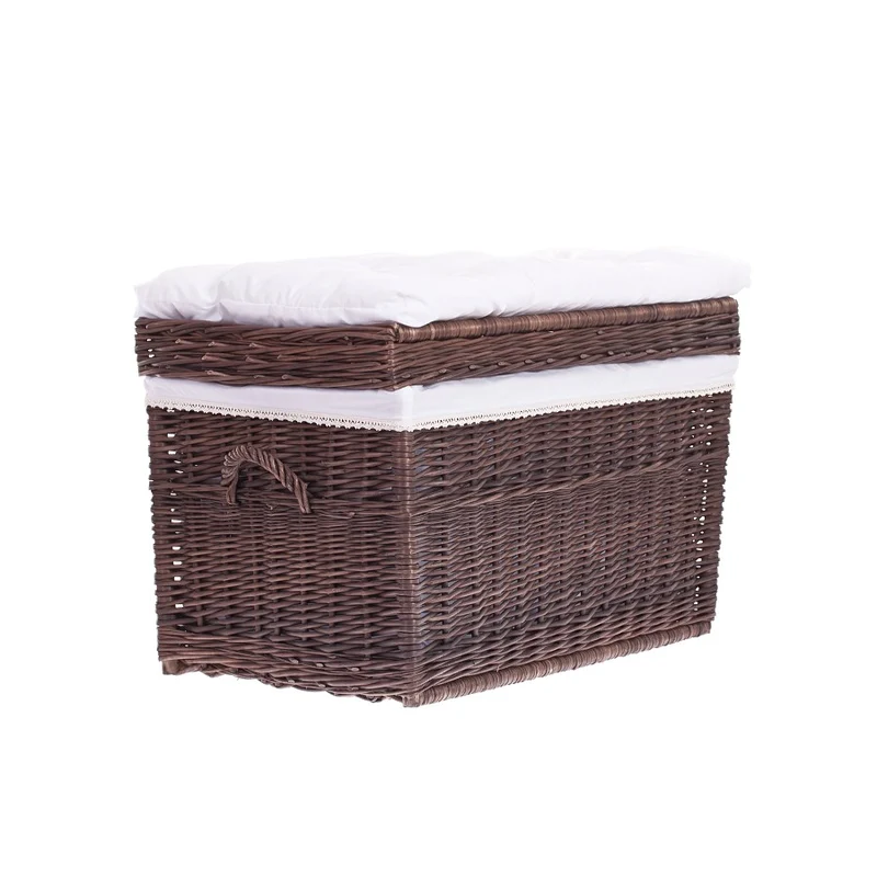 Kogia wicker basket with cream trim, cushion, handles, and lid TheWickerStories