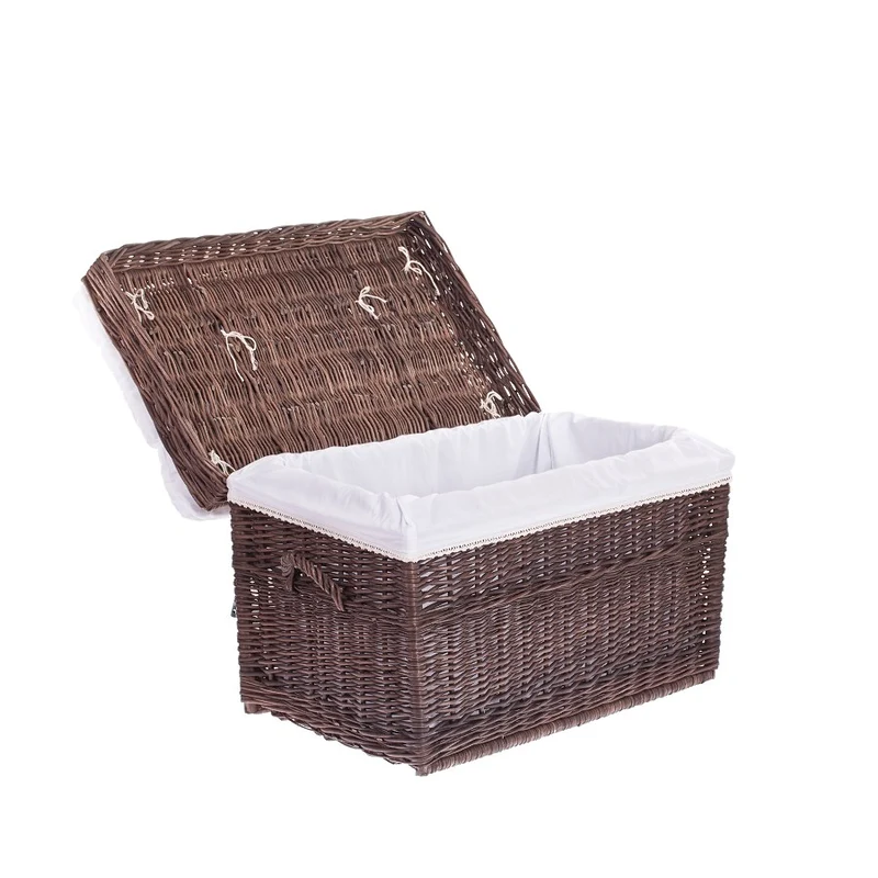 Kogia wicker basket with cream trim, cushion, handles, and lid TheWickerStories