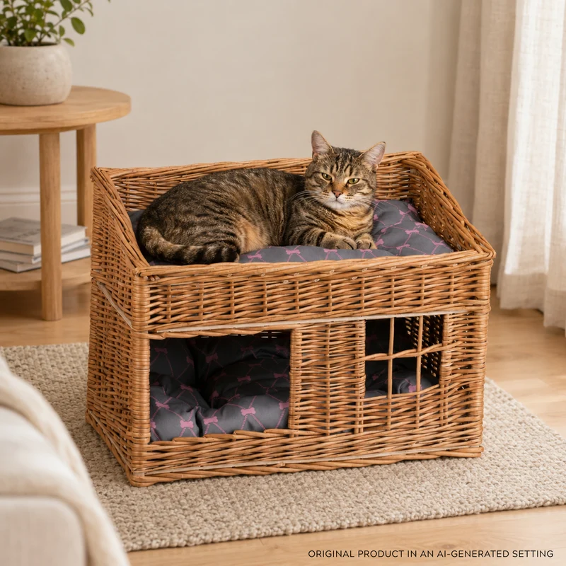 Estrella wicker cat house with two cushions TheWickerStories