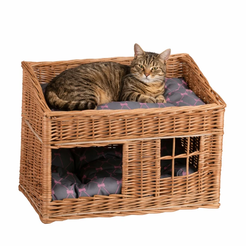 Estrella wicker cat house with two cushions TheWickerStories