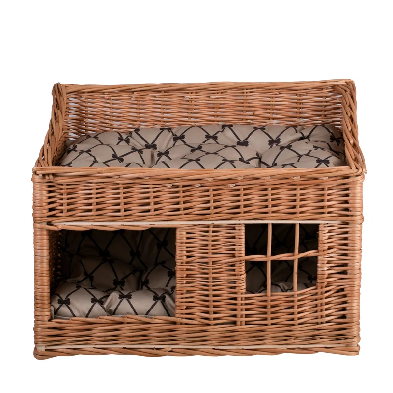 Estrella wicker cat house with two waterproof cushions, with a window and a terrace TheWickerStories