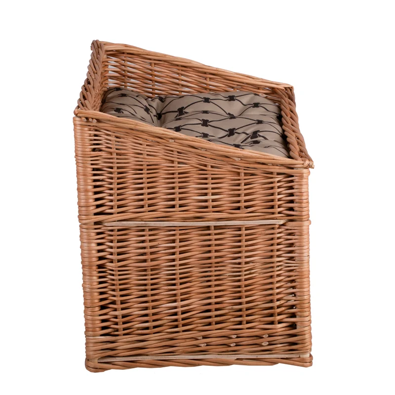 Estrella wicker cat house with two waterproof cushions, with a window and a terrace TheWickerStories