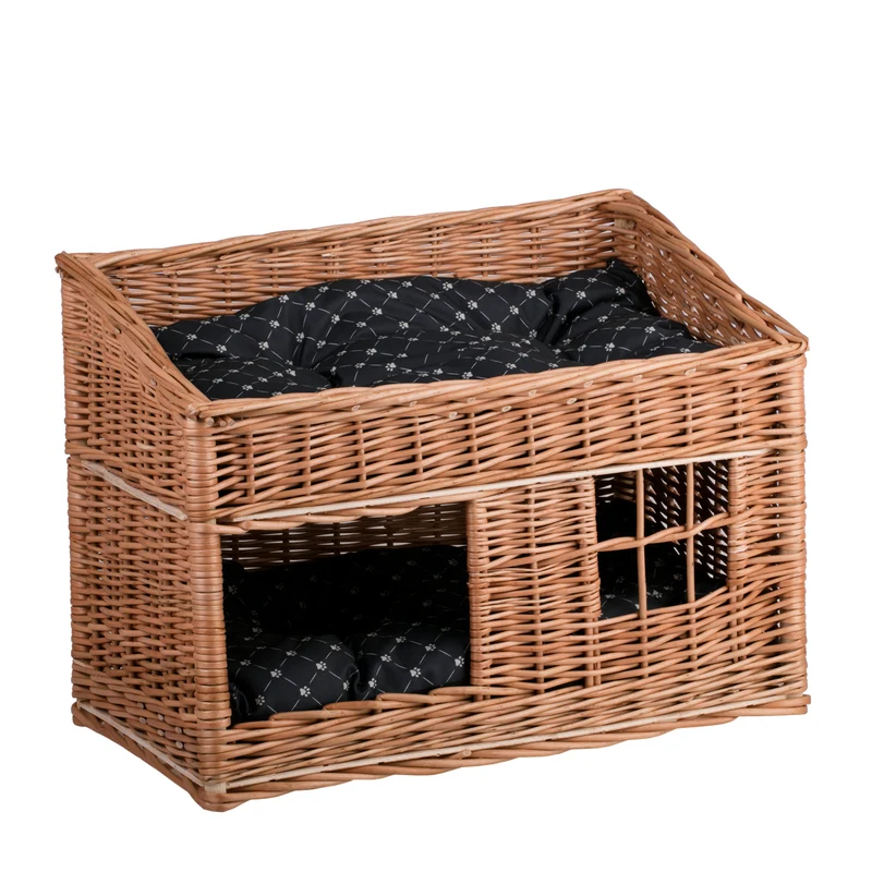 Estrella wicker cat house with two waterproof cushions, terrace and small window TheWickerStories