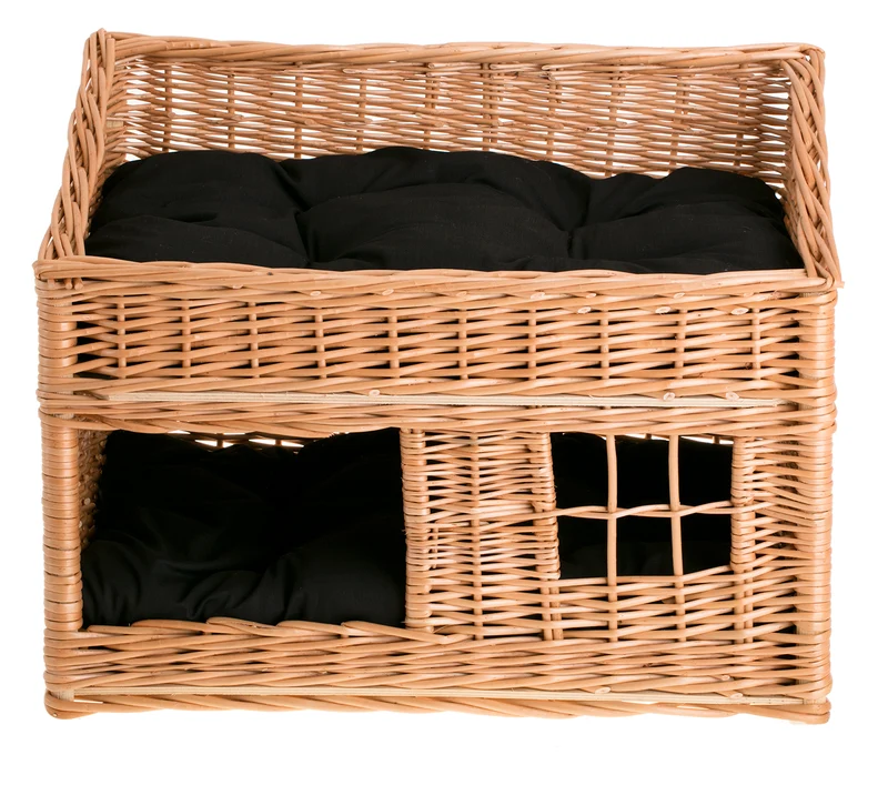 Estrella wicker cat house with two cushions, two-tier TheWickerStories