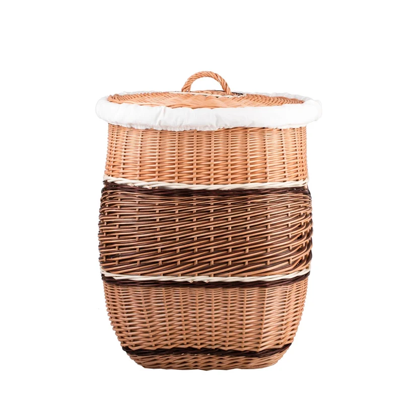Milar wicker laundry basket with white trim, lid and handle TheWickerStories