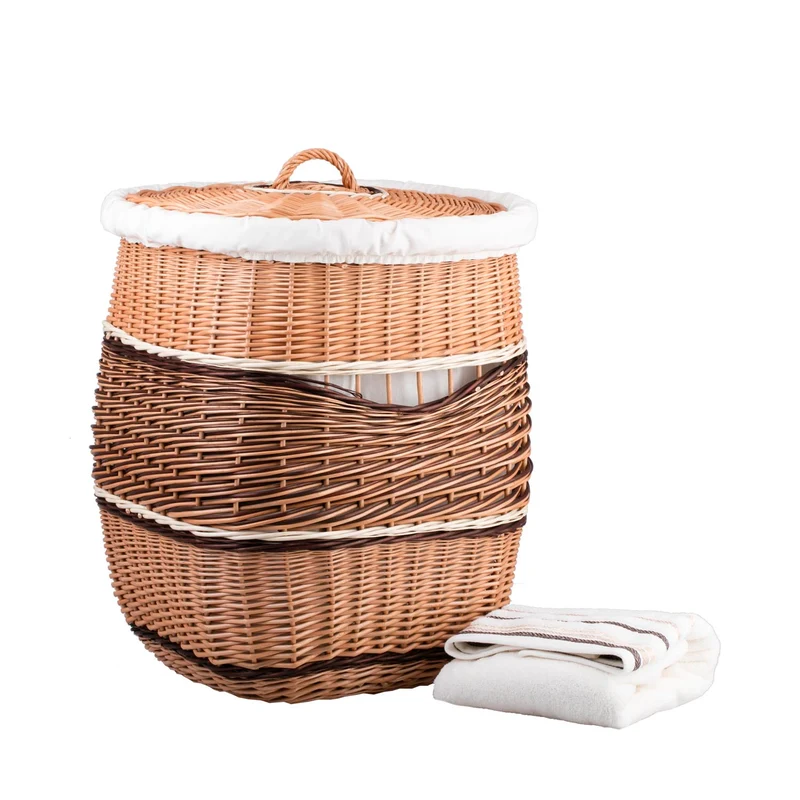 Milar wicker laundry basket with white trim, lid and handle TheWickerStories