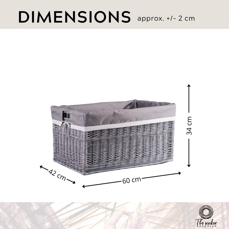 Cervus large rectangular wicker storage basket, display basket with trim TheWickerStories