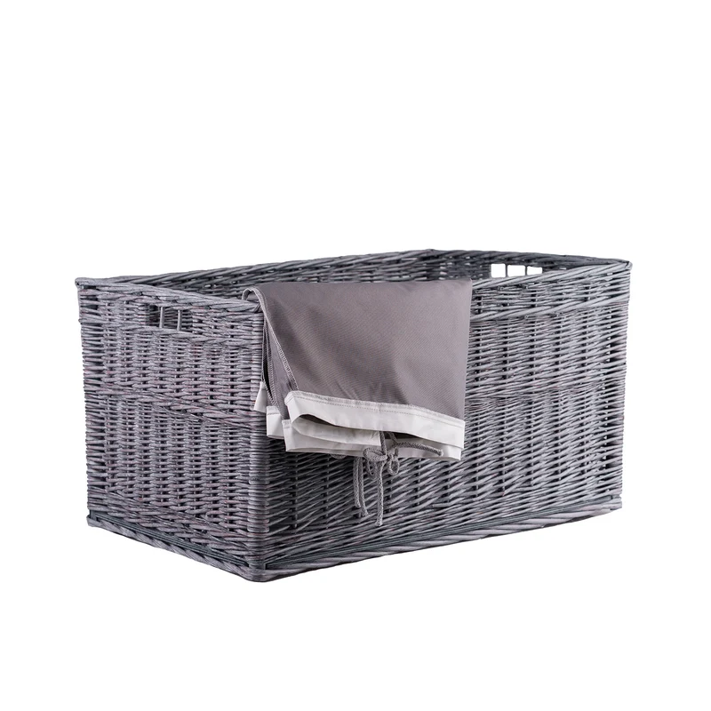 Cervus large rectangular wicker storage basket, display basket with trim TheWickerStories