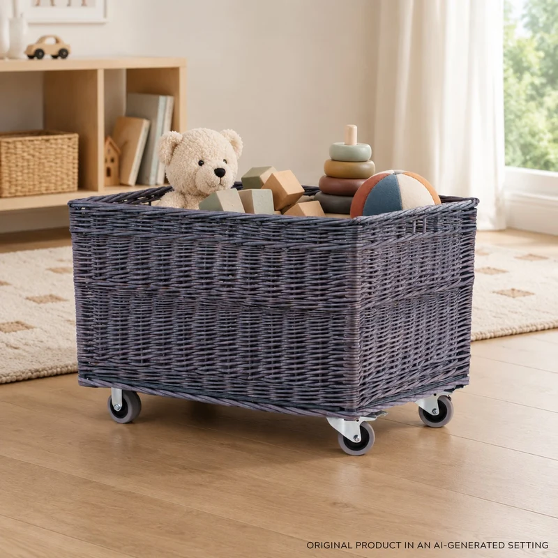 Cervus large rectangular mobile storage basket, wicker display basket TheWickerStories