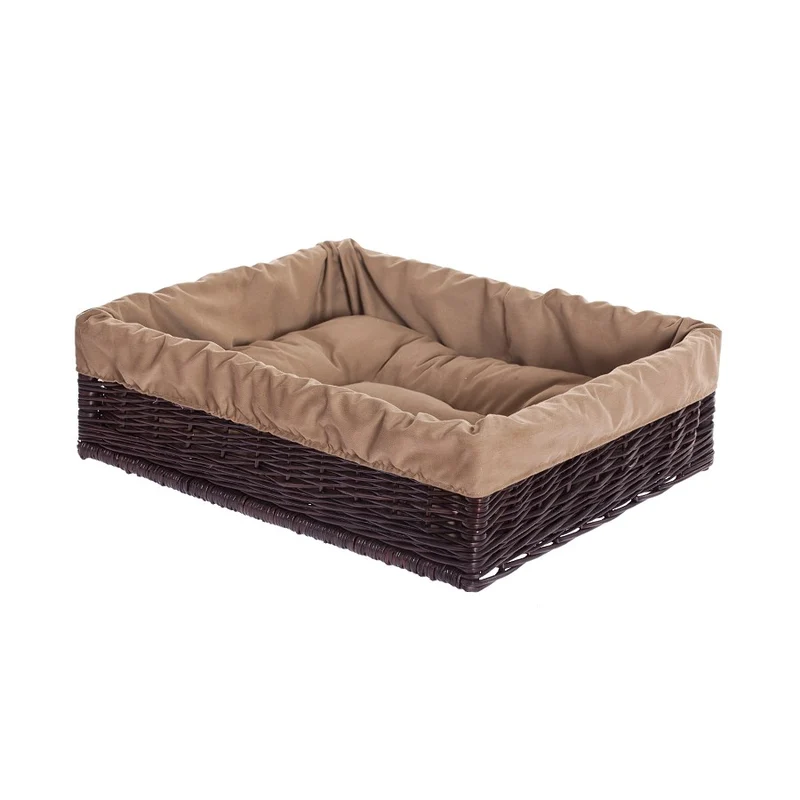 Epimoria wicker pet bed for dogs and cats with beige trim and soft cushion TheWickerStories