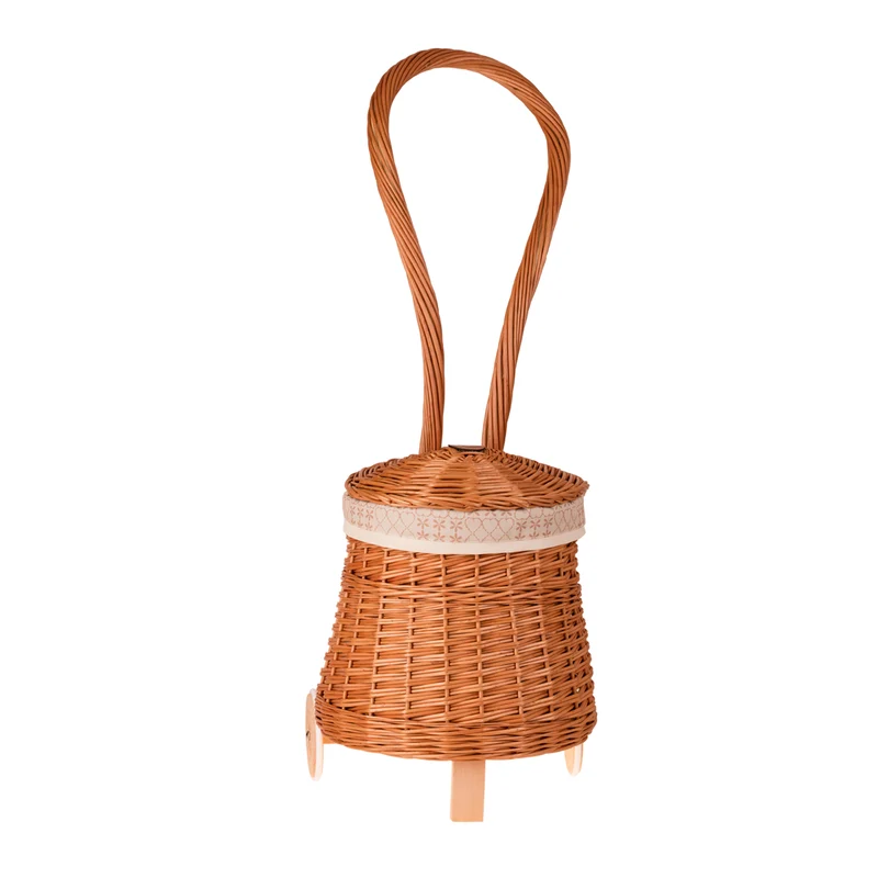 Betula wicker storage basket with cream lining, handle and wheels TheWickerStories