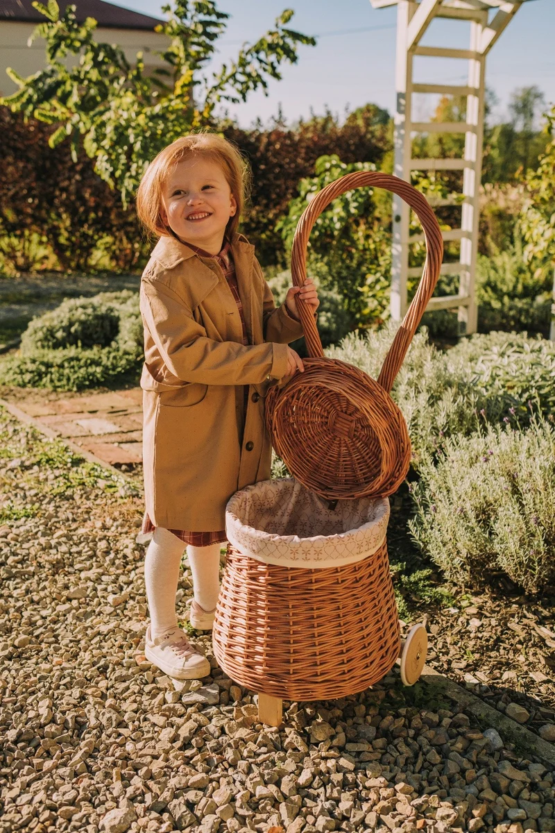 Betula wicker storage basket with cream lining, handle and wheels TheWickerStories