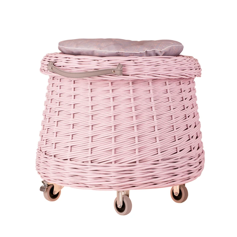 Vinca wicker toy chest for the kids' room with pink trim and wheels TheWickerStories