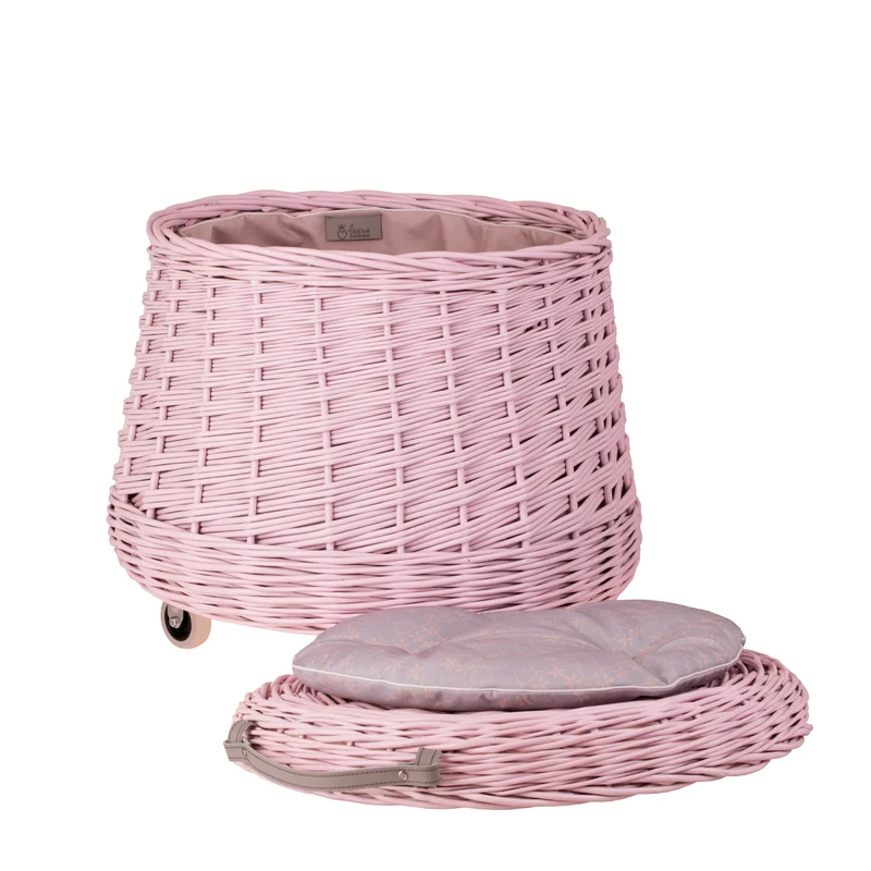 Vinca wicker toy chest for the kids' room with pink trim and wheels TheWickerStories