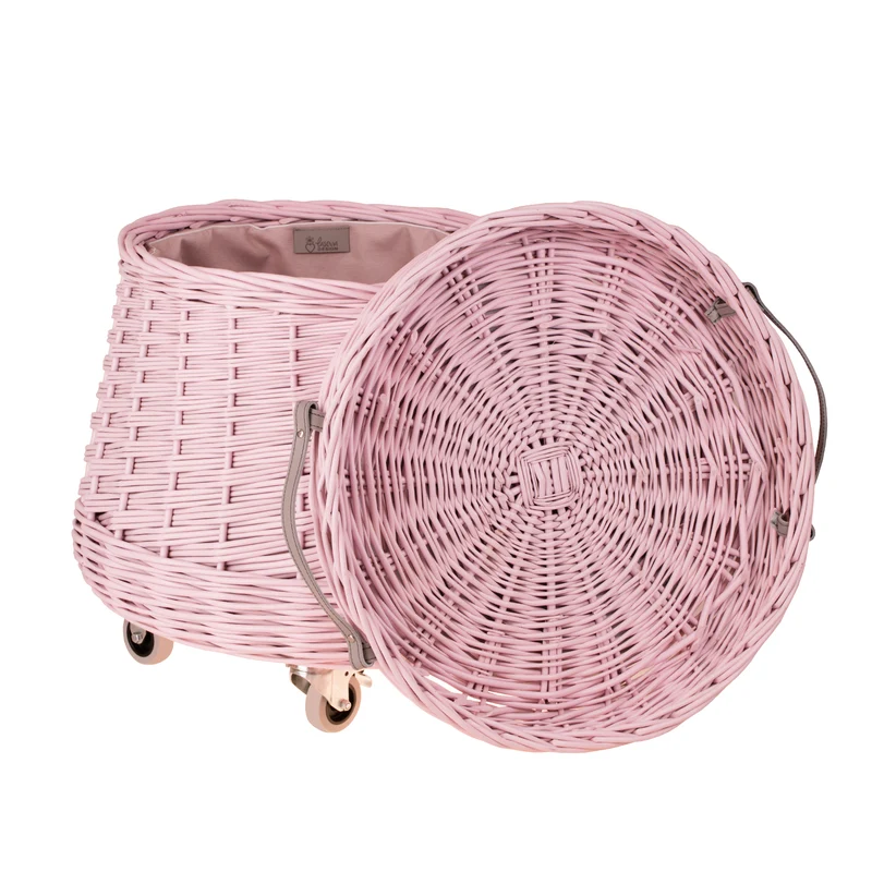 Vinca wicker toy chest for the kids' room with pink trim and wheels TheWickerStories