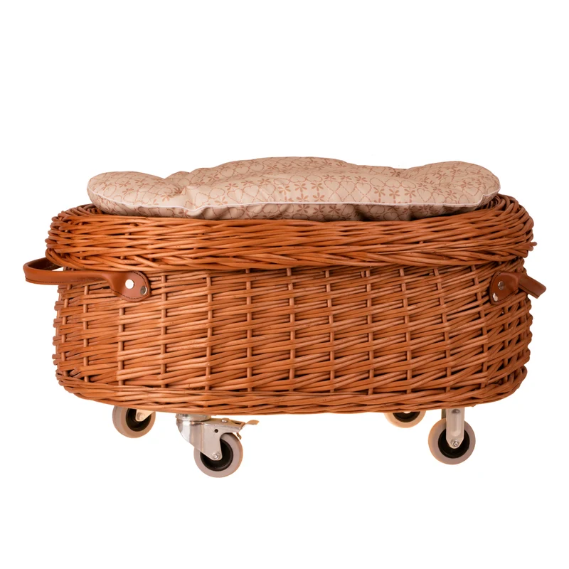 Cornus wicker toy chest with beige trim, seat and lid on wheels TheWickerStories