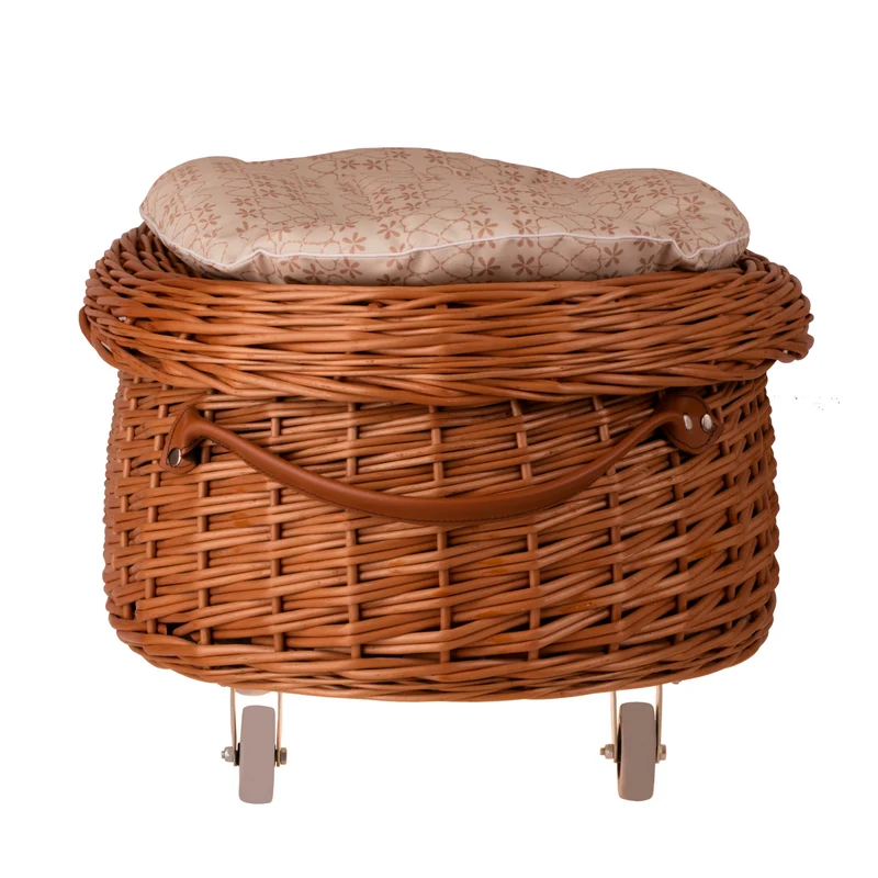 Cornus wicker toy chest with beige trim, seat and lid on wheels TheWickerStories