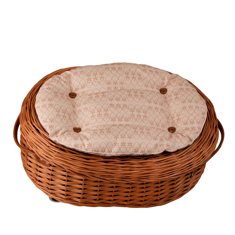 Cornus wicker toy chest with beige trim, seat and lid on wheels TheWickerStories