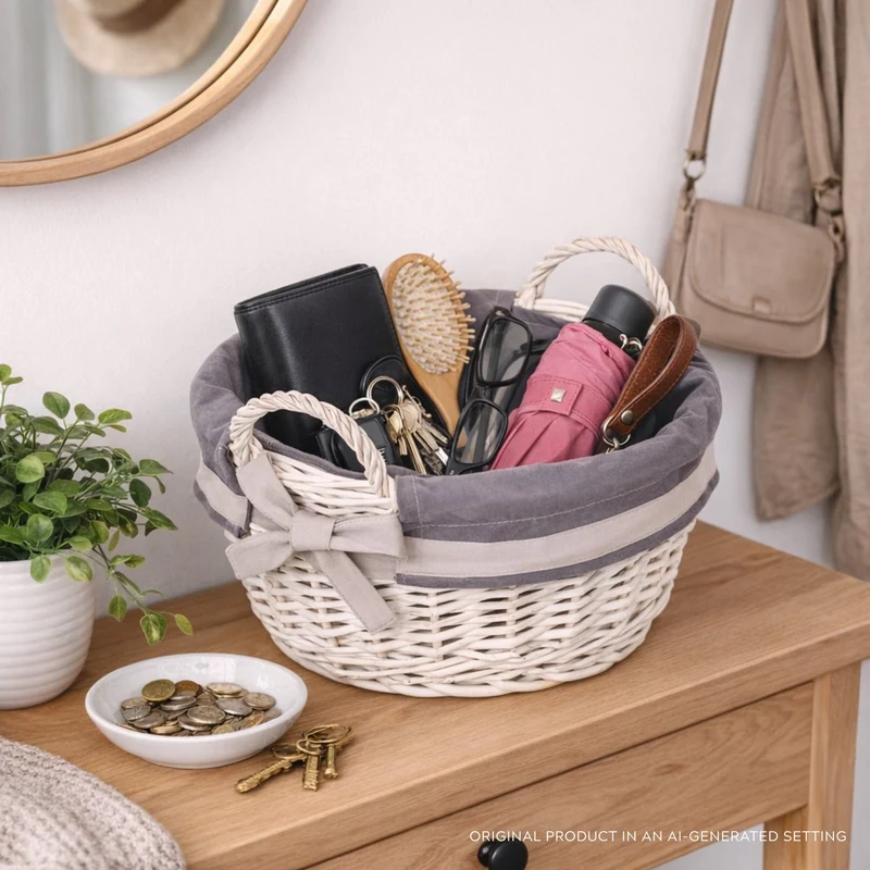 Marnel wicker storage basket with gray trim and handles TheWickerStories
