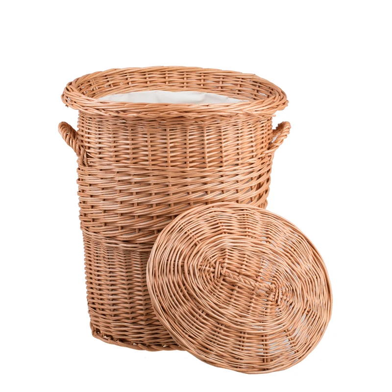 Mervina wicker laundry hamper with cream trim, lid and handles TheWickerStories