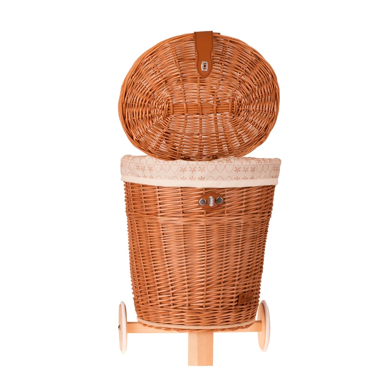 Celtis wicker basket on wheels with cream trim and straps TheWickerStories